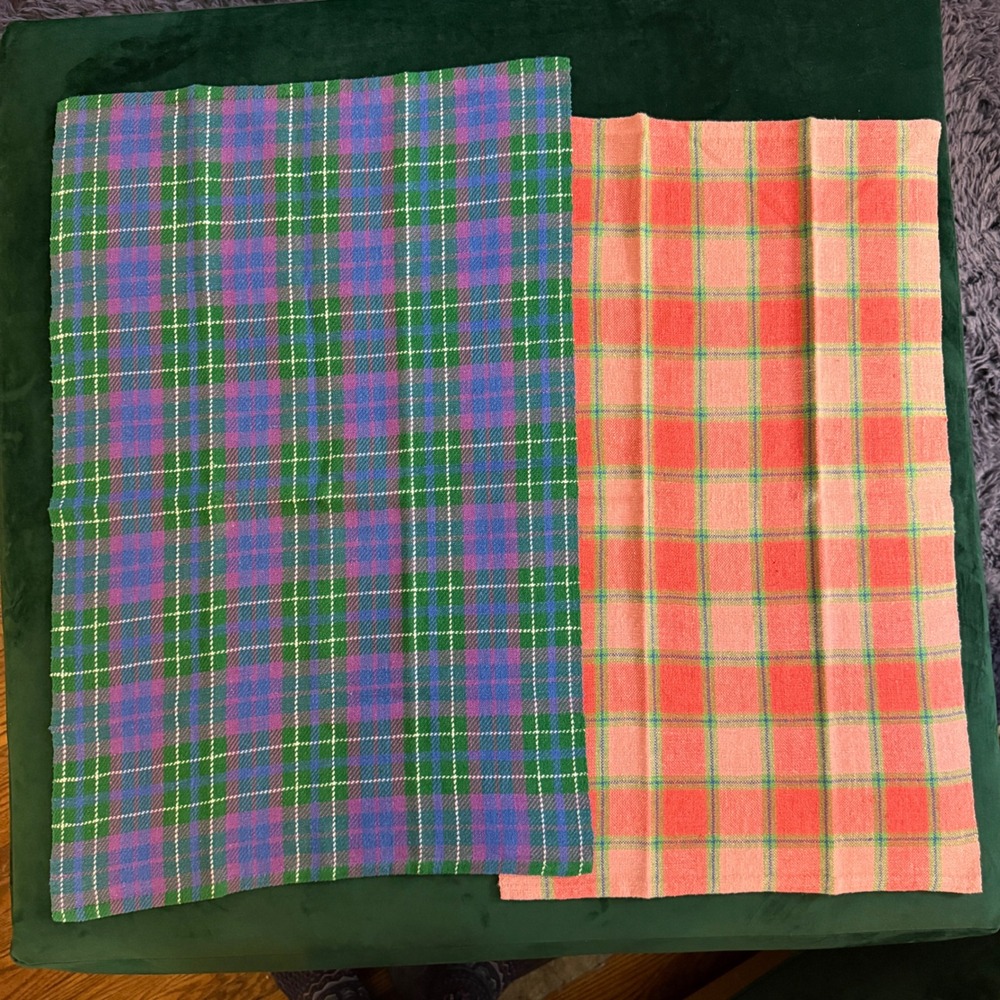 Vintage Plaid Handwoven Wool Textile Set Purple Green Pink Orange 27x18